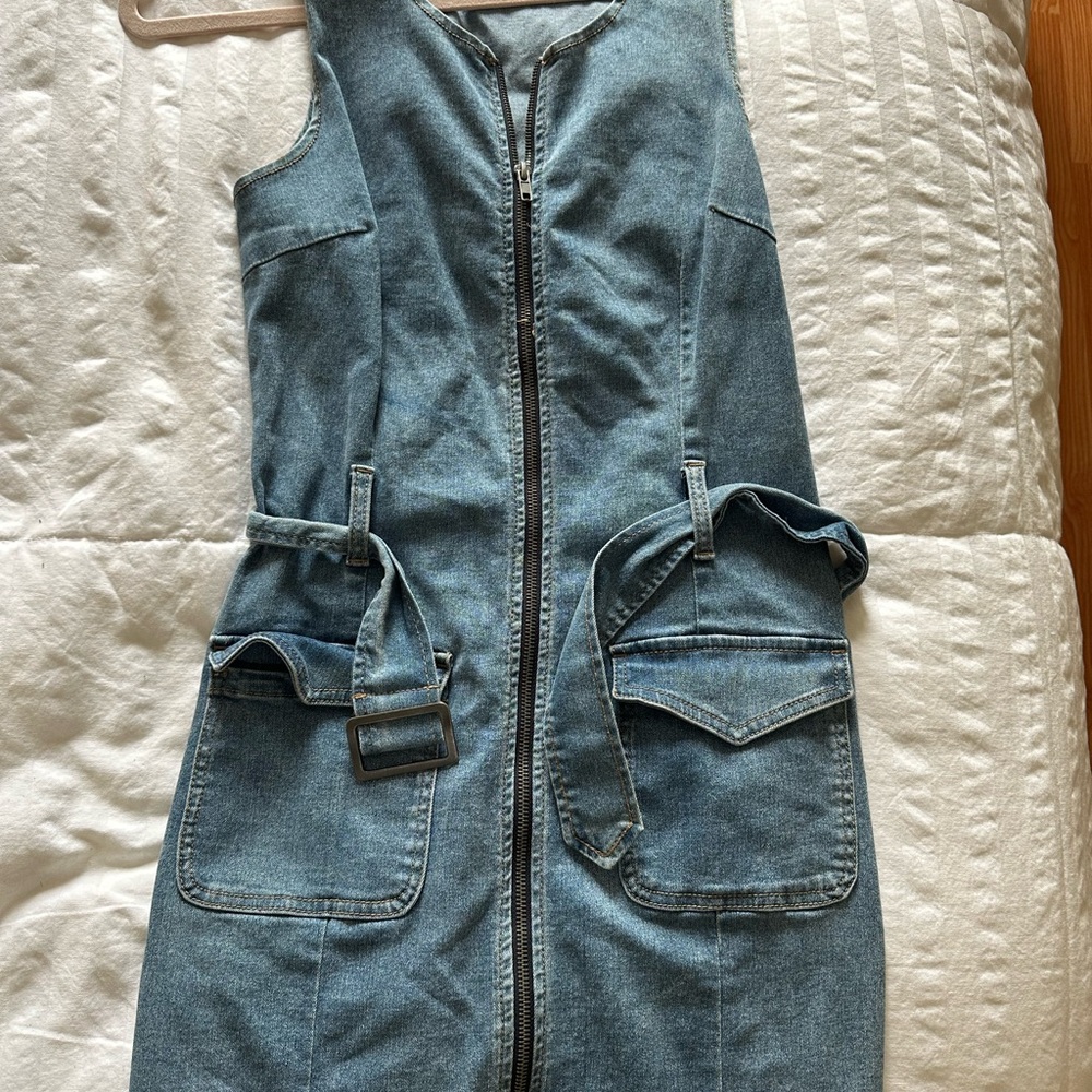 Denim Zip-Up Dress with Belt